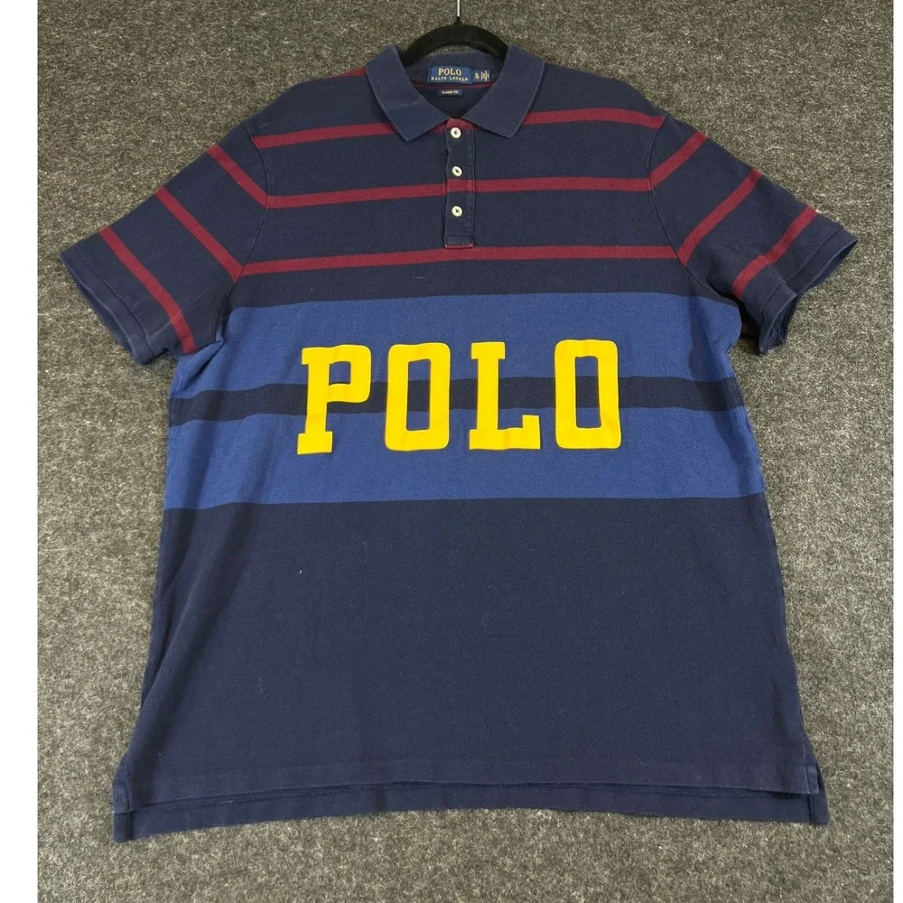 Polo Ralph Lauren Classic Fit Striped Polo Shirt Mens XL Navy Blue Yellow Logo